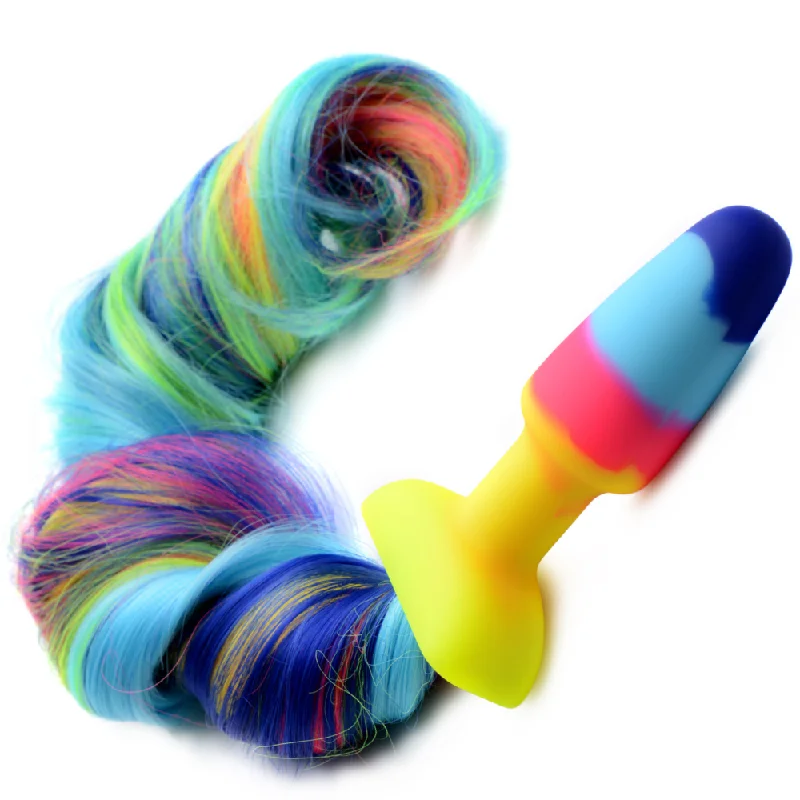 anal toys with easy finish-XR Brands Rainbow Unicorn Tail Anal Plug