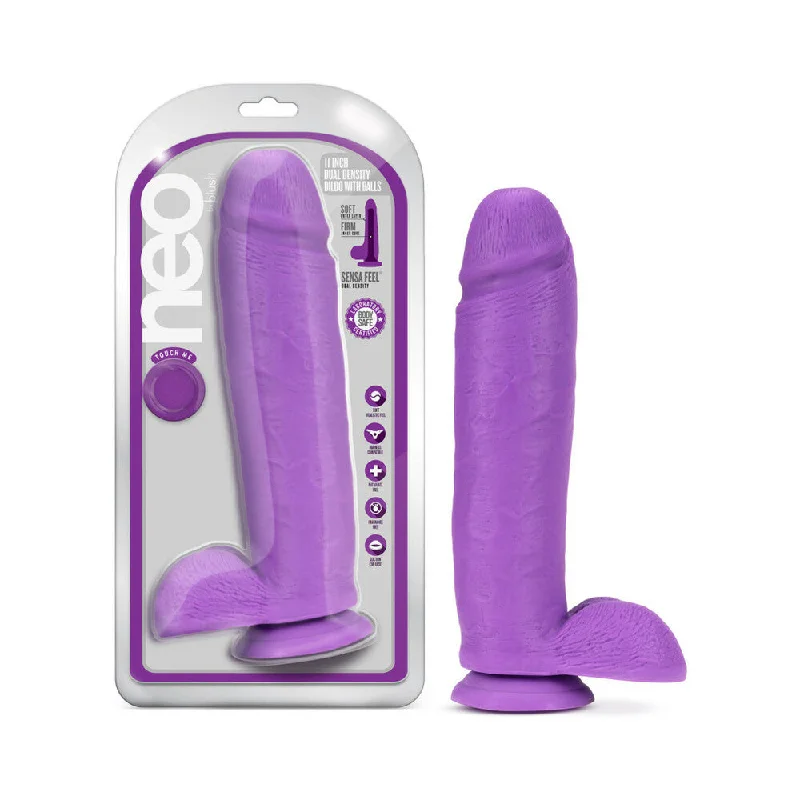 dildo safety certifications-Neo 11 in. Dual Density Dildo with Balls Neon Purple