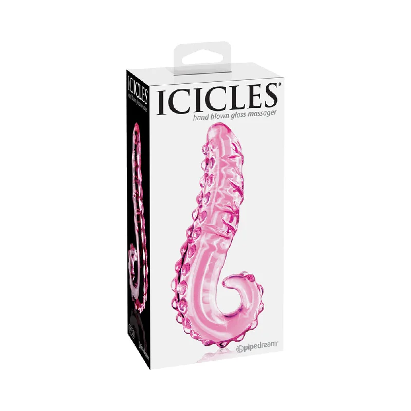 dildo color features-Icicles No. 24 Curved Textured 6 in. Glass Dildo With Handle Pink