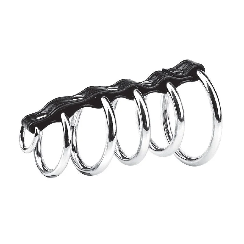 cock ring for solo use-5 Ring Metal Gates of Hell with Leash Lead