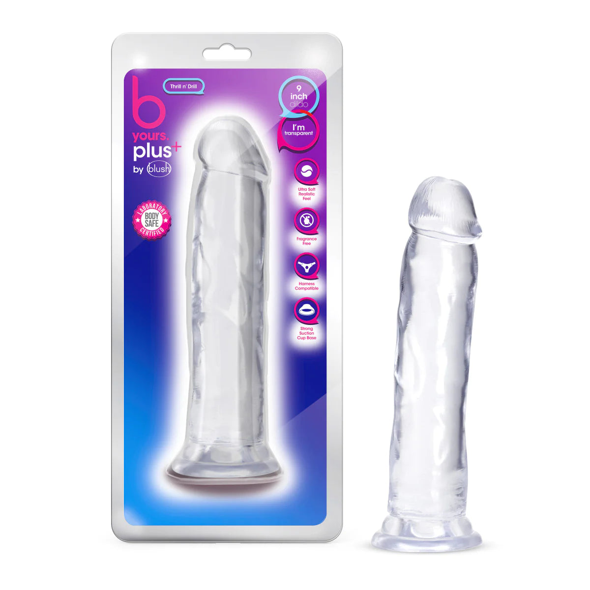 dildo vibration discounts-B Yours Plus Thrill N’ Drill Realistic Clear 9.5-Inch Long Dildo