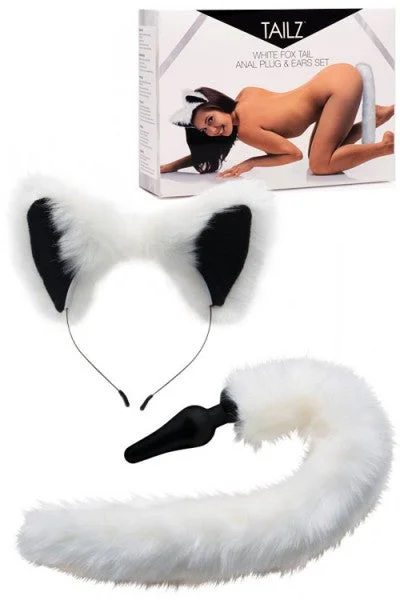 anal toys with smooth finish-Tailz White Faux Fur Fox Tail Silicone Anal Plug and Ears Set