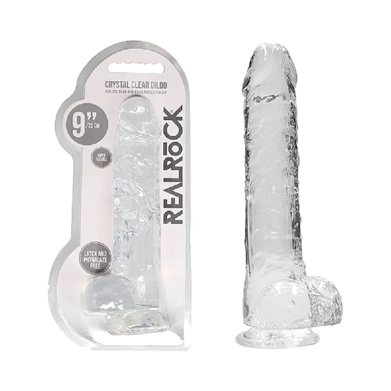 dildo expert tutorial-RealRock Crystal Clear Realistic 9 in. Dildo With Balls and Suction Cup Clear