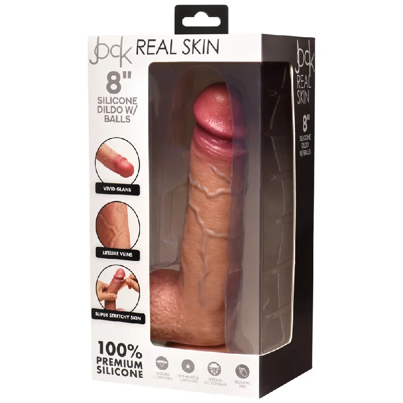 dildo care instructions-Jock Real Skin 8" Silicone Dildo W/ Balls Medium