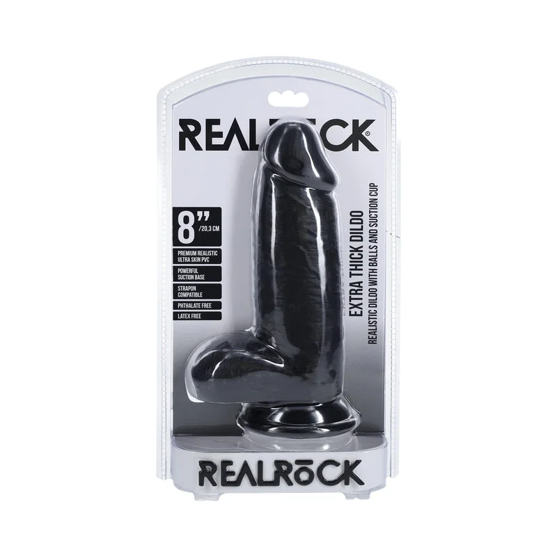 dildo noise levels-RealRock Extra Thick 8 in. Dildo with Balls Black