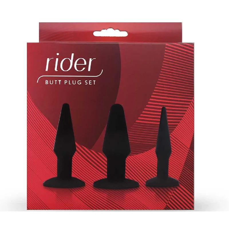 anal toys for gentle relaxation-Rider BUTT PLUG SET 3 Piece Anal Training Kit with Graduated Black Butt Plugs