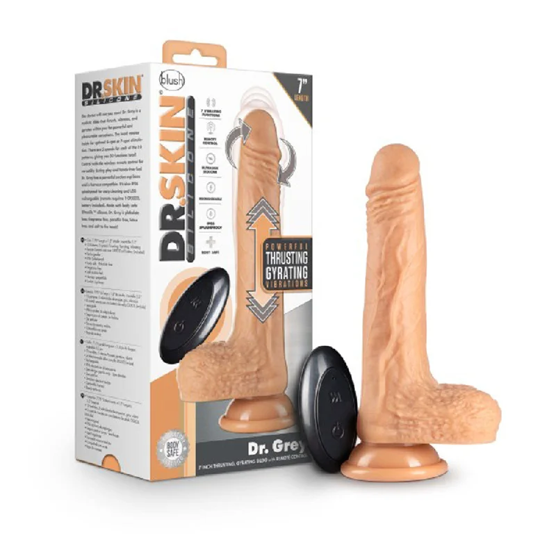 dildo hygiene offers-Dr. Skin Dr. Grey Remote-Controlled 7 in. Thumping Dildo with Balls Beige