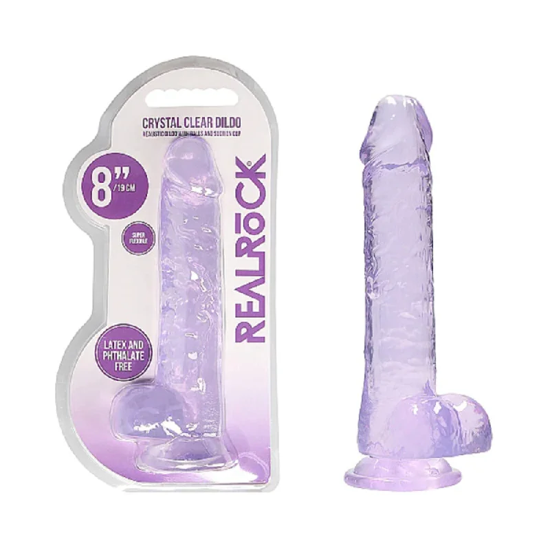 dildo size tips-RealRock Crystal Clear Realistic 8 in. Dildo With Balls and Suction Cup Purple