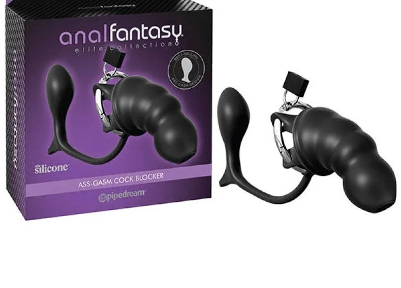 anal toys with easy grip-Pipedream Anal Fantasy Elite Collection ASS-GASM COCK BLOCK Silicone Cock Cage with attached Butt Plug