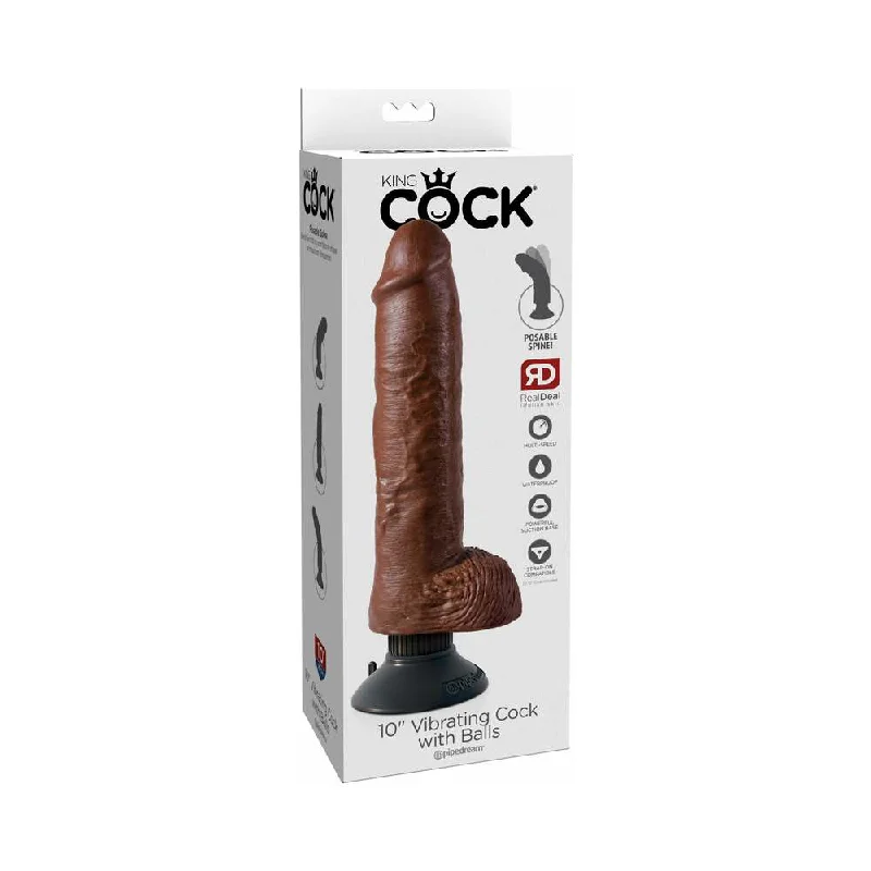 dildo cold ratings-King Cock 10 in. Vibrating Cock With Balls Poseable Suction Cup Dildo Brown