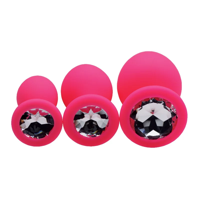 anal toys with quiet texture-Pink Pleasure 3 Piece Silicone Anal Plugs With Gems