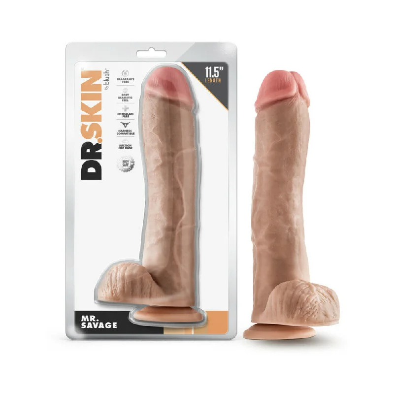 dildo battery types-Dr. Skin Mr. Savage 11.5 in. Dildo with Balls Beige