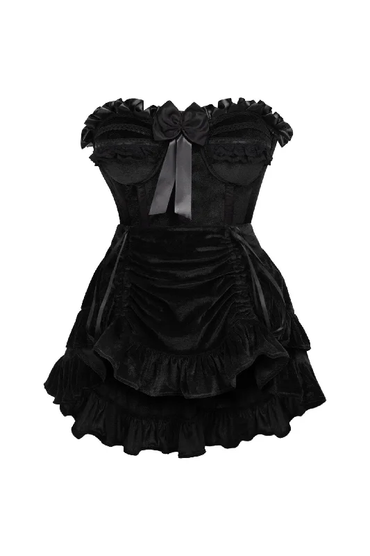 Corset with back straps-Top Drawer 2 PC Black Velvet Steel Boned Burlesque Corset & Skirt Set