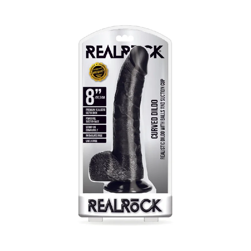 dildo realism guide-RealRock Realistic 8 in. Curved Dildo With Balls and Suction Cup Black