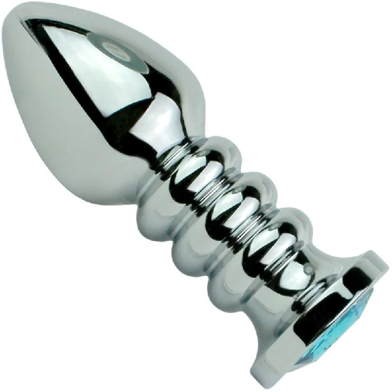 anal toys for safe fun-Blue Jewel Rippled Metal Booty Plug - Available in 3 Sizes!