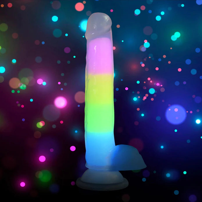 dildo limited offers-7 Inch Glow-In-The-Dark Rainbow Silicone Dildo With Balls