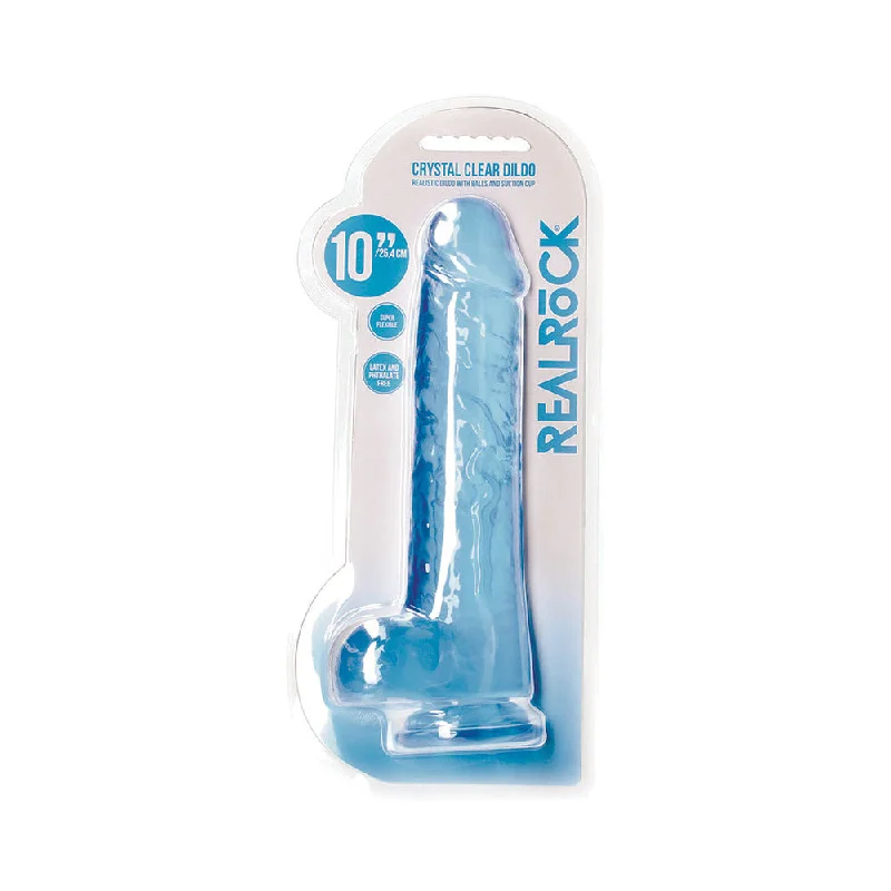 dildo safety upgrades-RealRock Crystal Clear Realistic 10 in. Dildo With Balls and Suction Cup Blue