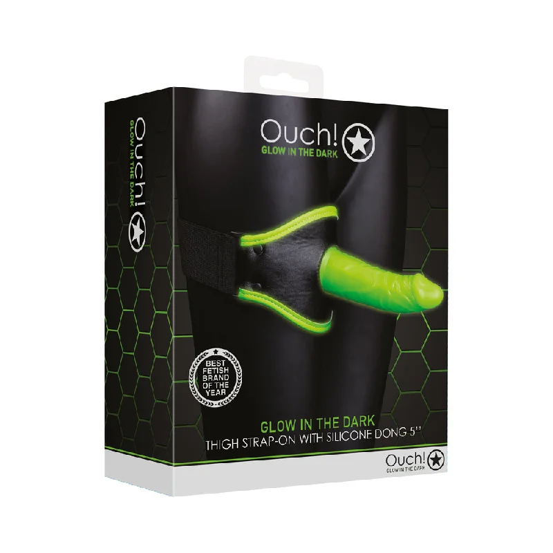 dildo durability comparison-Ouch! Glow in the Dark Thigh Strap-On Harness With 5 in. Silicone Dildo Neon Green