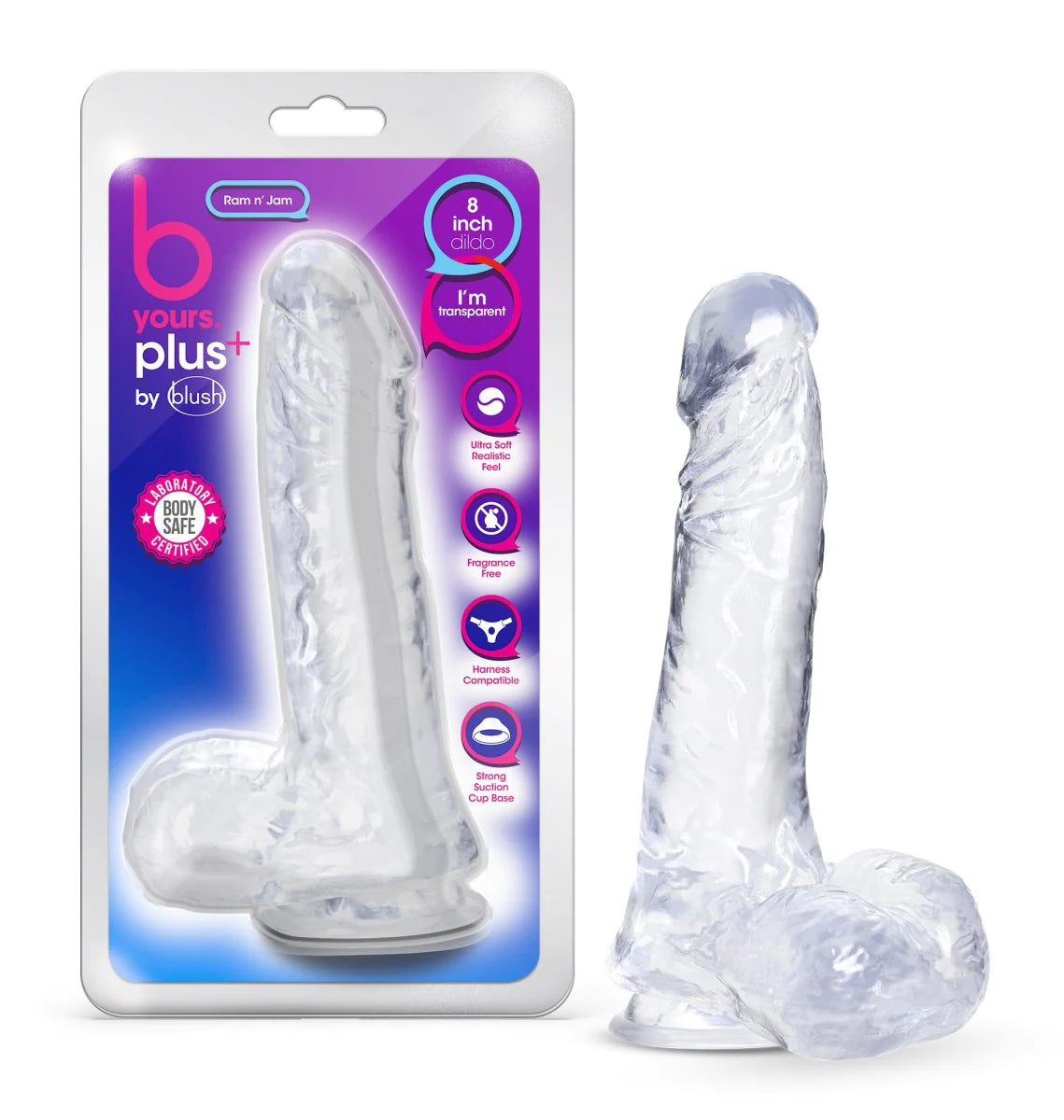 dildo suction deals-B Yours Plus Ram N’ Jam Realistic Clear 8-Inch Long Dildo