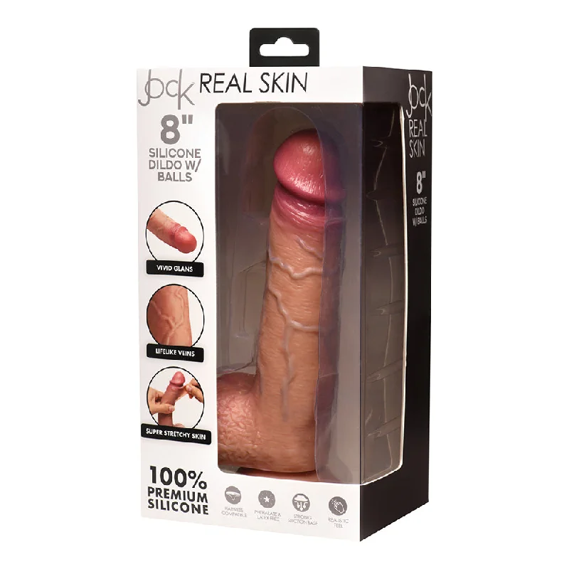 dildo safety benefits-JOCK Real Skin 8 in. Silicone Dildo with Balls Medium