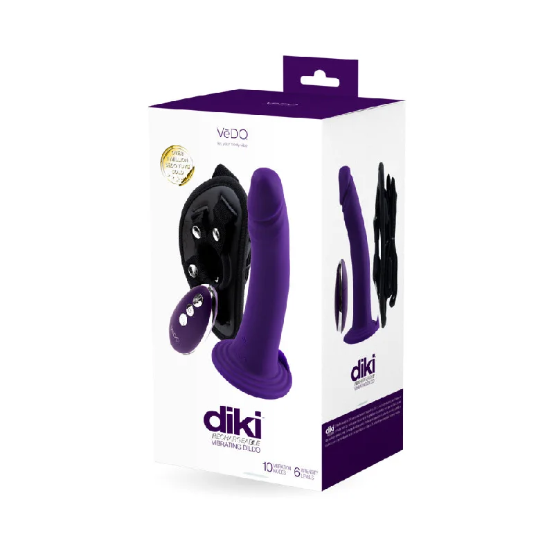 dildo usage guide-Vedo Diki Rechargeable Vibrating Dildo With Harness Deep Purple