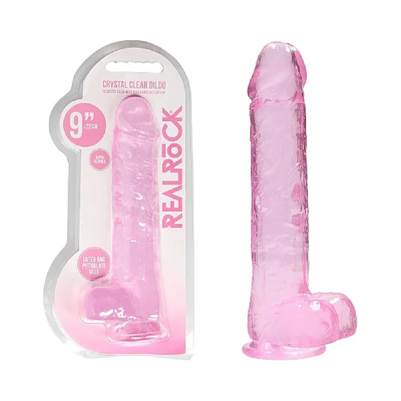 dildo texture tutorial-RealRock Crystal Clear Realistic 9 in. Dildo With Balls and Suction Cup Pink