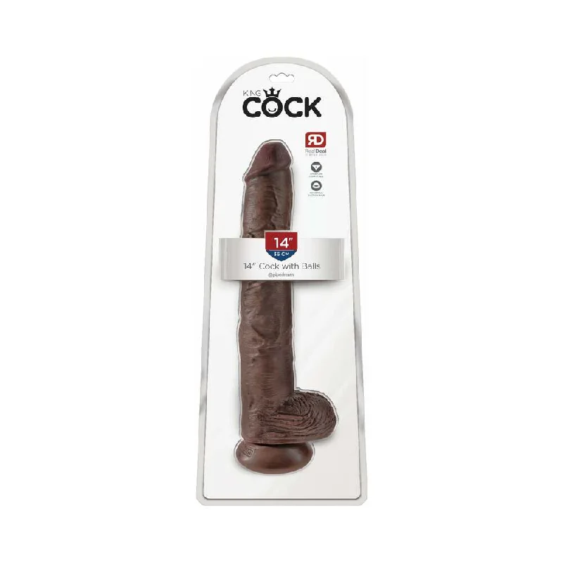 dildo suction features-King Cock 14 in. Cock With Balls Realistic Suction Cup Dildo Brown