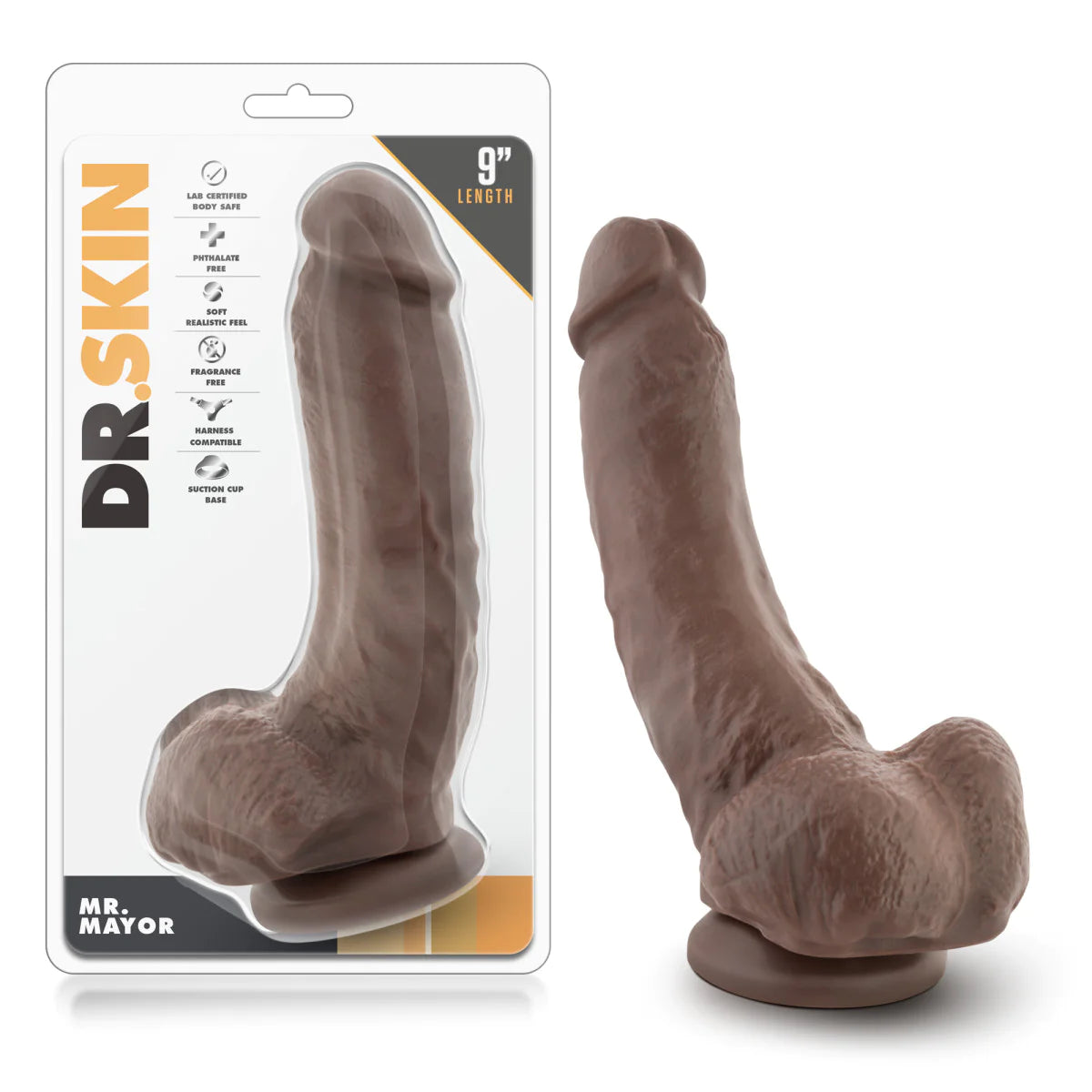 dildo suction bundles-Dr. Skin Mr. Mayor Realistic Curved Chocolate 9-Inch Long Dildo