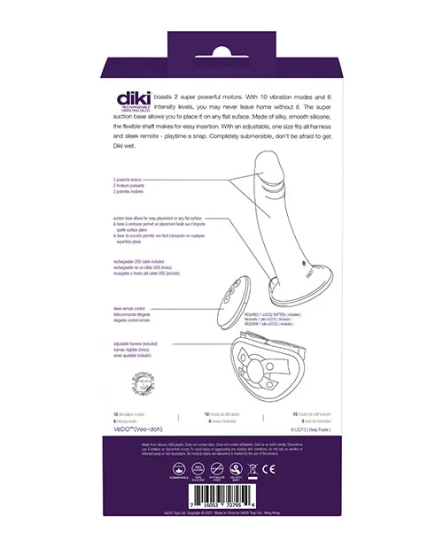 double-ended dildo tutorial-VeDO Diki Rechargeable Vibrating Dildo w/Harness - Deep Purple