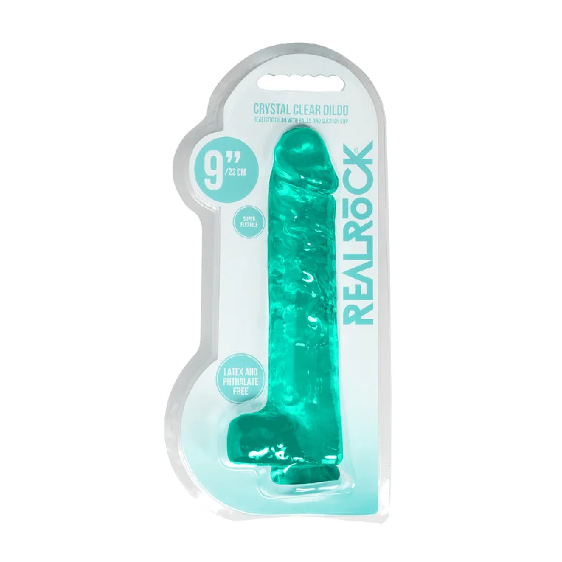 dildo usage guide-RealRock Crystal Clear Realistic 9 in. Dildo With Balls and Suction Cup Turquoise