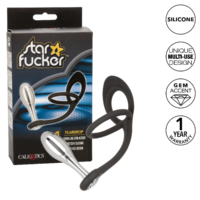 anal toys for couple vibes-California Exotics - Star F*cker Teardrop Anal Plug with Cock Support (Silver)