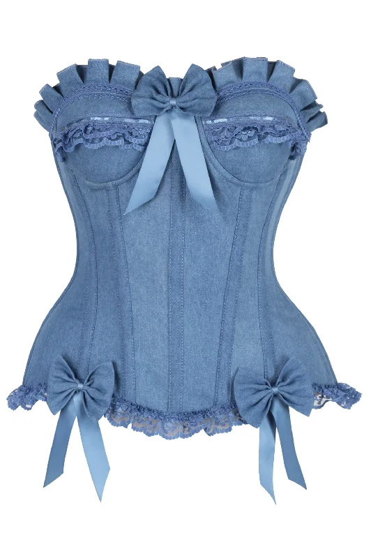 Corset for waist shaping-Top Drawer Blue Denim Underwire Steel Boned Burlesque Corset w/Bows