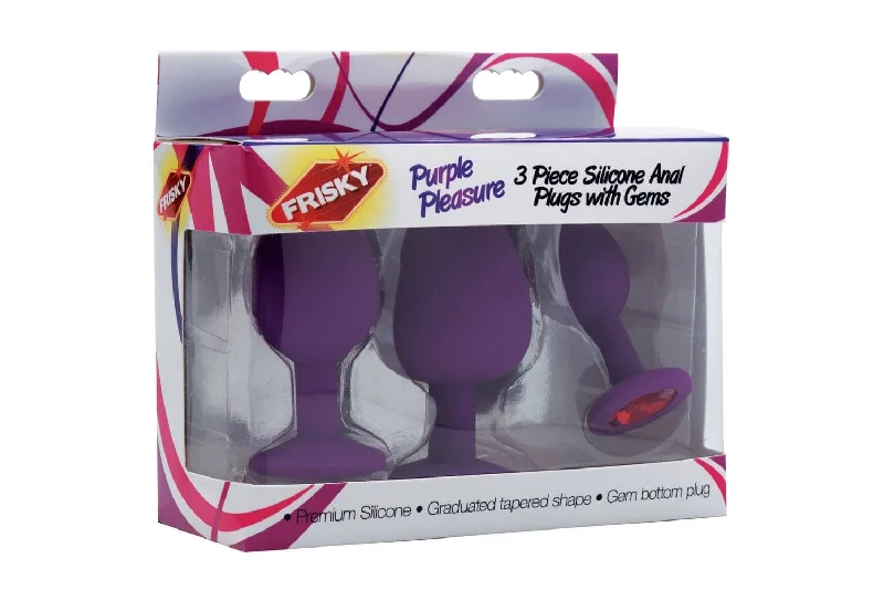 anal toys with easy shape-Purple Pleasure 3 Piece Silicone Anal Plugs With Gems