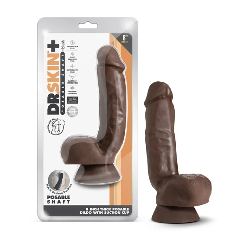 dildo ergonomic guide-Dr. Skin Plus Thick 8 in. Triple Density Posable Dildo with Balls Brown