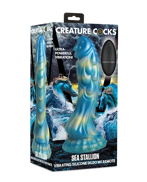 dildo cold reviews-Creature Cocks Sea Stallion Vibrating Dildo w/ Remote - Blue/Yellow