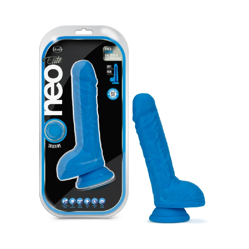 dildo price comparison-Neo Elite 9 in. Silicone Dual Density Dildo with Balls Neon Blue