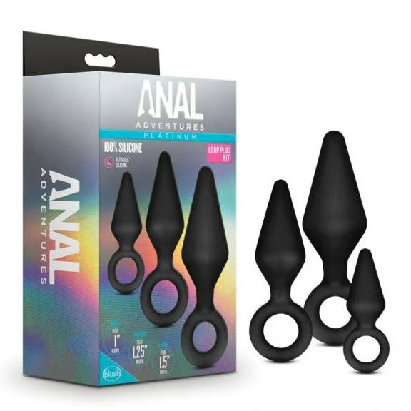 anal toys for sensory vibes-Anal Adventures Platinum Silicone LOOP BUTT PLUG Kit 3 Black Graduating Plugs