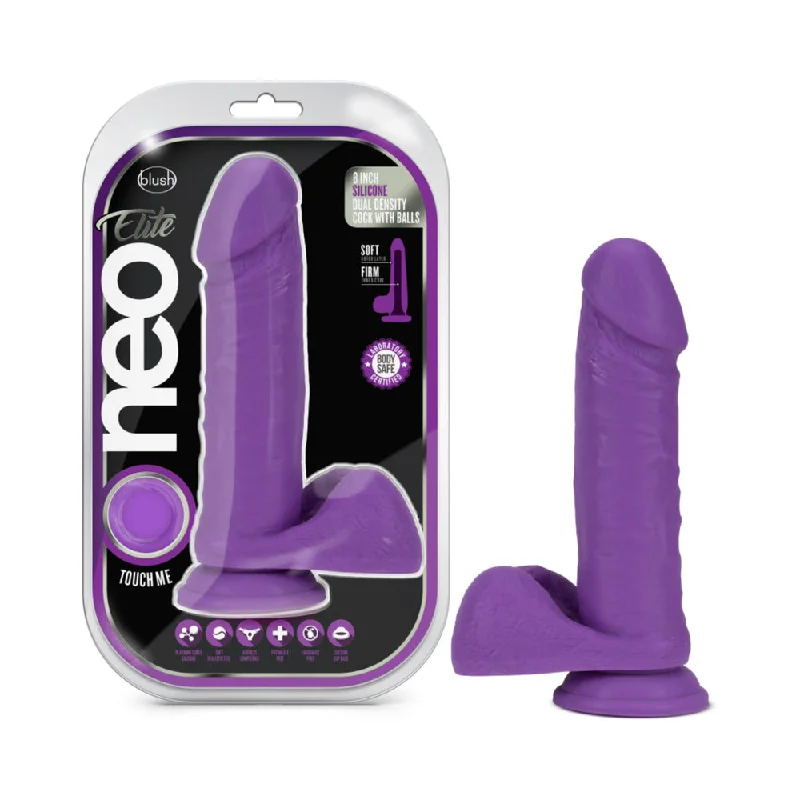 dildo charging time-Blush Neo Elite 8 in. Silicone Dual Density Dildo With Balls & Suction Cup Neon Purple