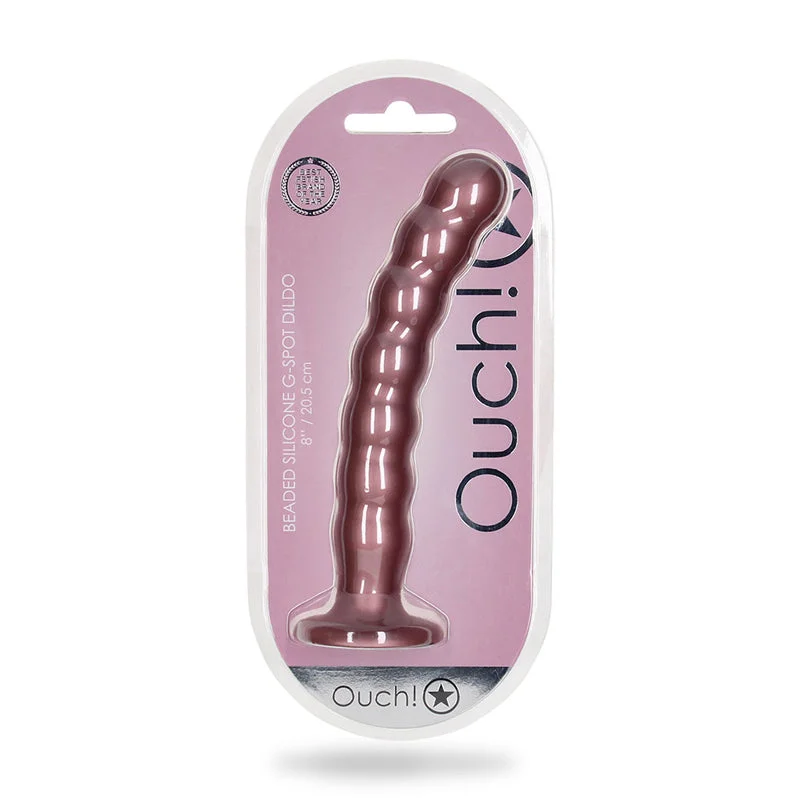 dildo shape variety-Shots Ouch! Beaded Silicone 8 in. G-Spot Dildo Rose Gold