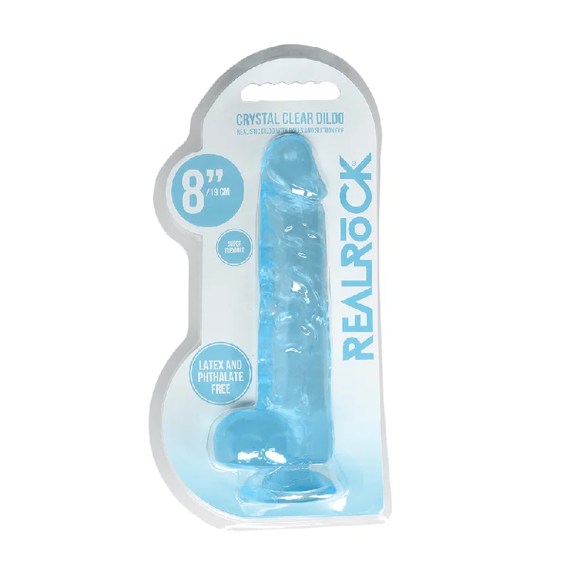 dildo performance tips-RealRock Crystal Clear Realistic 8 in. Dildo With Balls and Suction Cup Blue