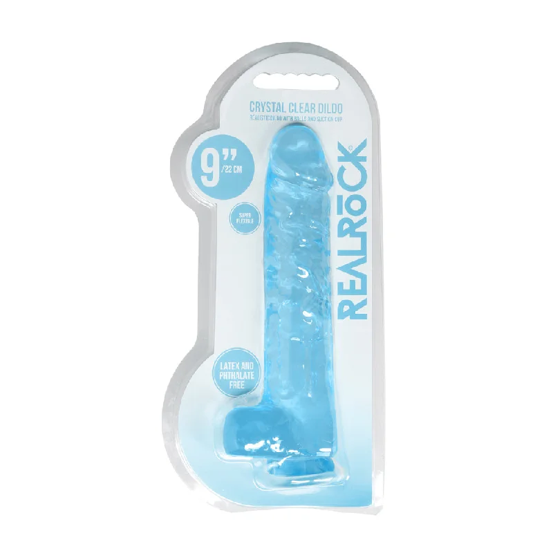 dildo beginner tutorial-RealRock Crystal Clear Realistic 9 in. Dildo With Balls and Suction Cup Blue