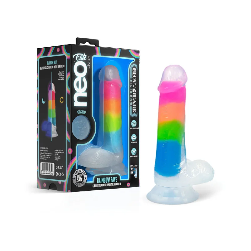 dildo artisan tips-Neo Elite Glow-in-the-Dark Rainbow Rave 6.5 in. Silicone Dual Density Dildo