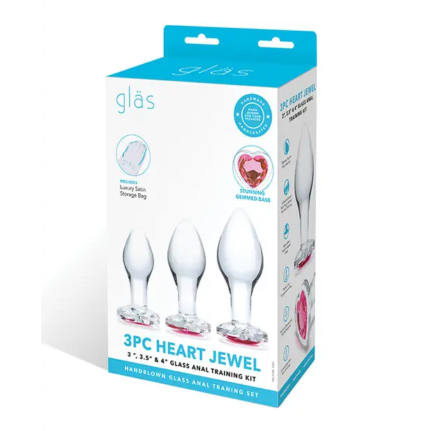 anal toys for sensory relaxation-Glas 3 Pc Heart Jewel Glass Anal Training Kit