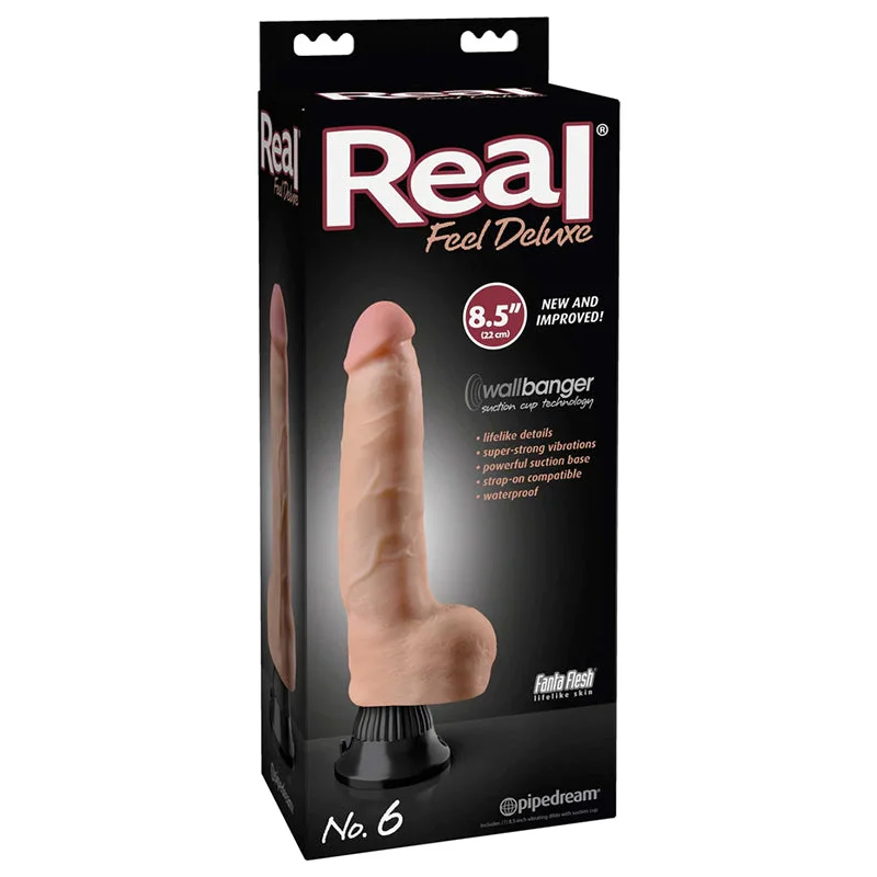 dildo cleaning products-Real Feel Deluxe No. 6 Realistic 8.5 in. Vibrating Dildo With Balls and Suction Cup Beige