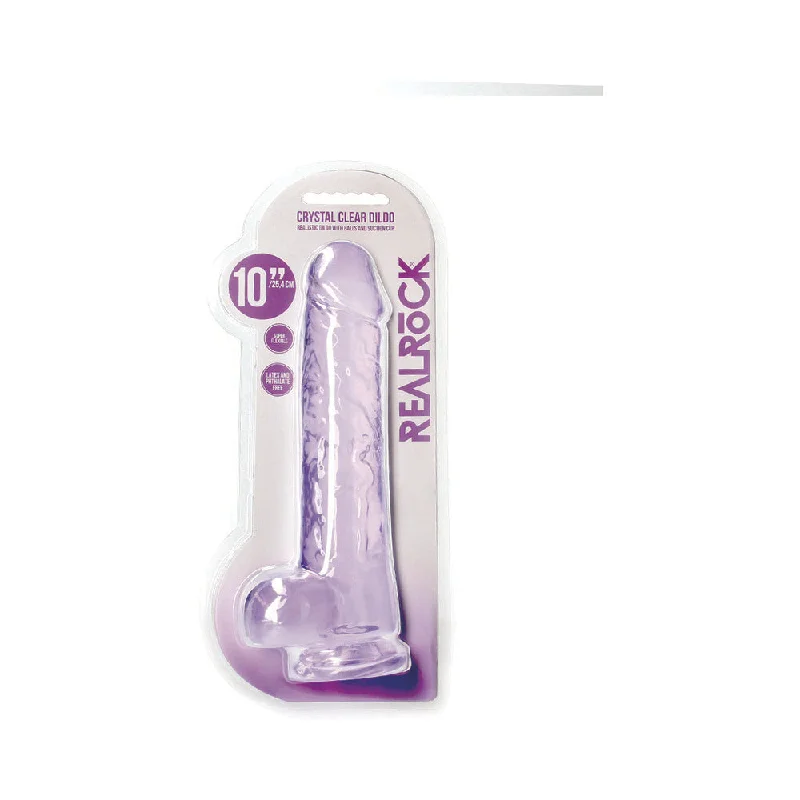 dildo portability upgrades-RealRock Crystal Clear Realistic 10 in. Dildo With Balls and Suction Cup Purple