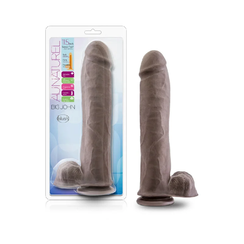 dildo length ratings-Au Naturel Big John 11.5 in. Posable Dual Density Dildo with Balls Brown