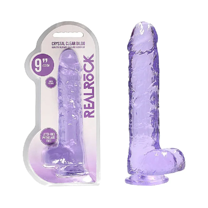 dildo safety tutorial-RealRock Crystal Clear Realistic 9 in. Dildo With Balls and Suction Cup Purple