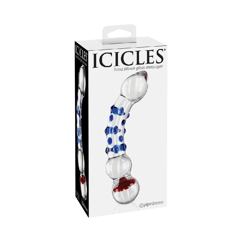 dildo support deals-Icicles No. 18 Curved Textured 7.5 in. Glass Dildo Blue/Red/Clear