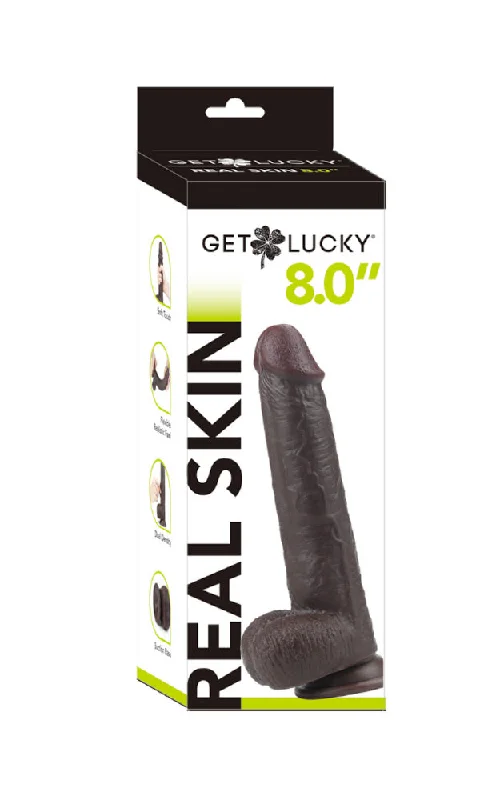 dildo texture guide-Get Lucky 8 Inch Real Skin Dildo - Dark Brown