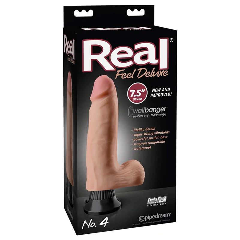 dildo size discounts-Real Feel Deluxe No. 4 Realistic 7.5 in. Vibrating Dildo With Balls and Suction Cup Beige